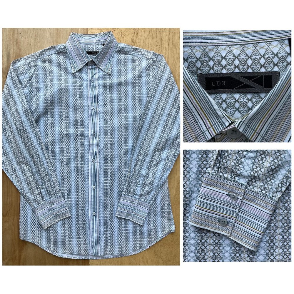 LDX Men’s Blue Black Geometric Pattern Long Sleeve Dress Shirt sz L